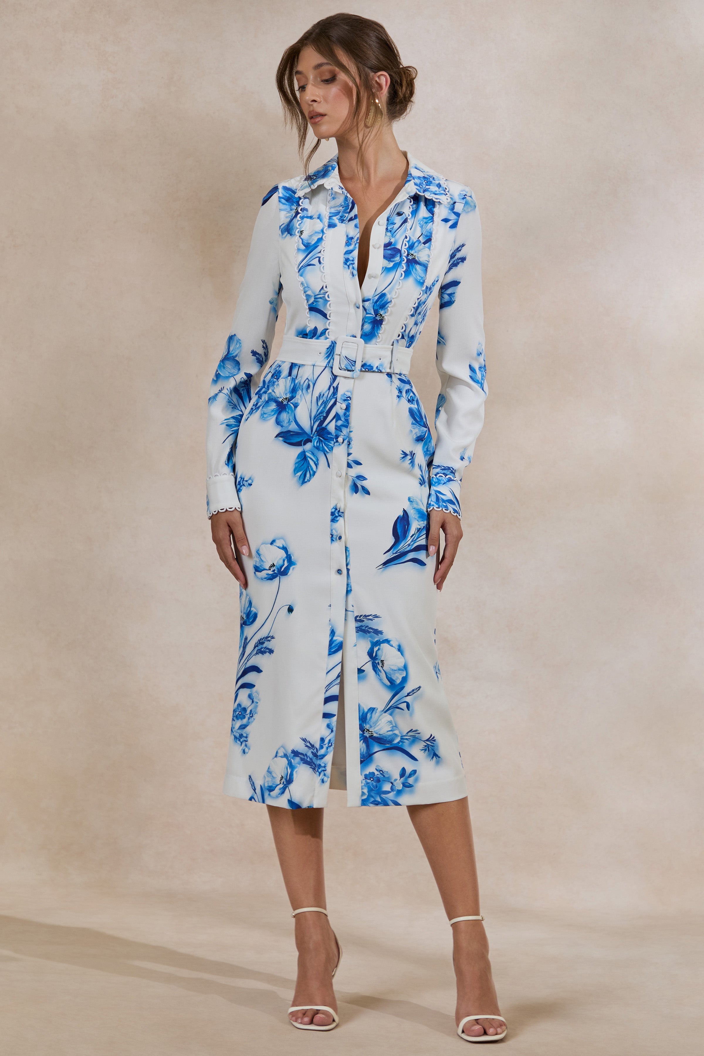 Loovay Azurelle Jurk, Midi met Blauwe Bloemenprint
