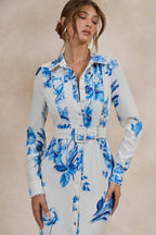 Loovay Azurelle Jurk, Midi met Blauwe Bloemenprint
