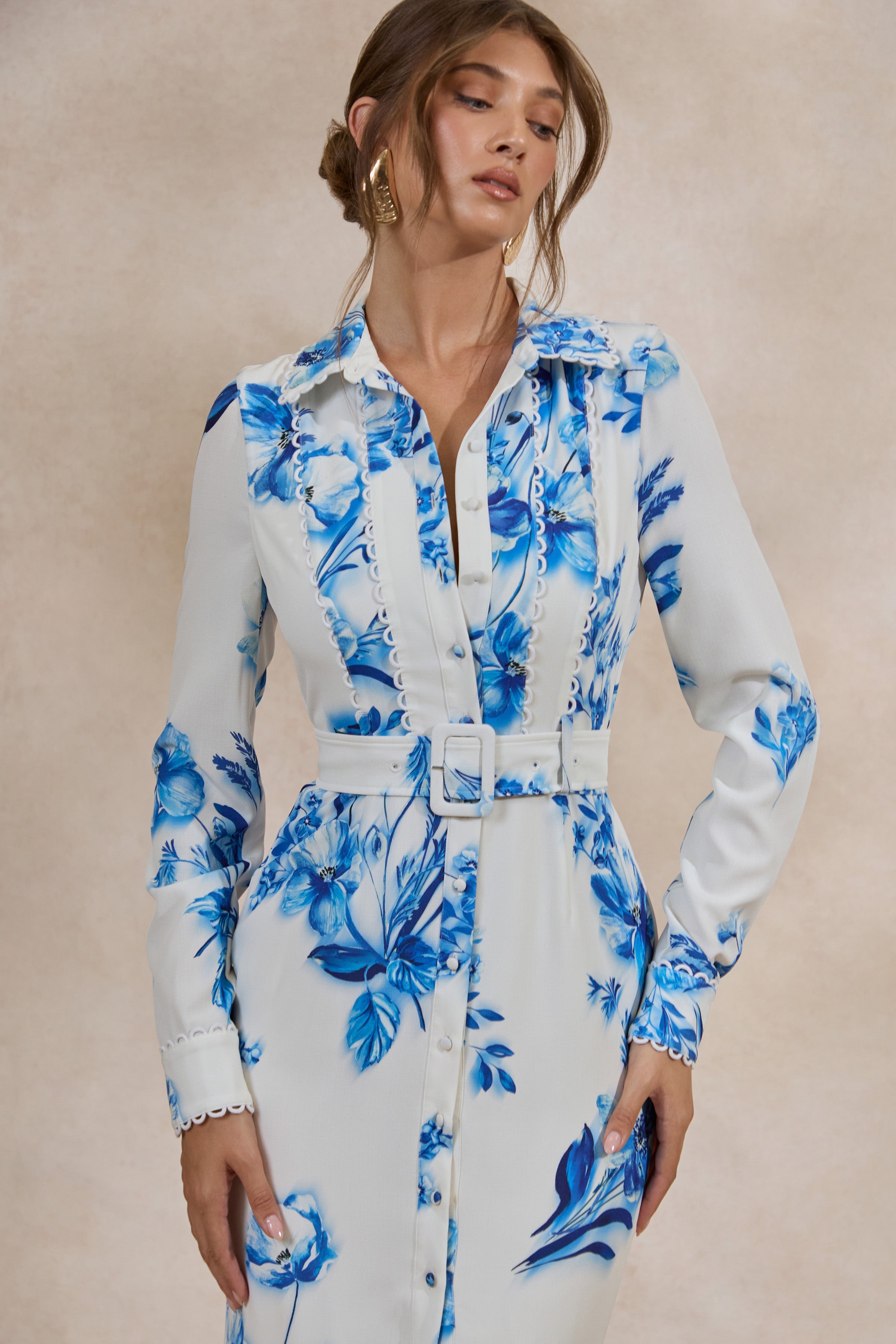 Loovay Azurelle Jurk, Midi met Blauwe Bloemenprint