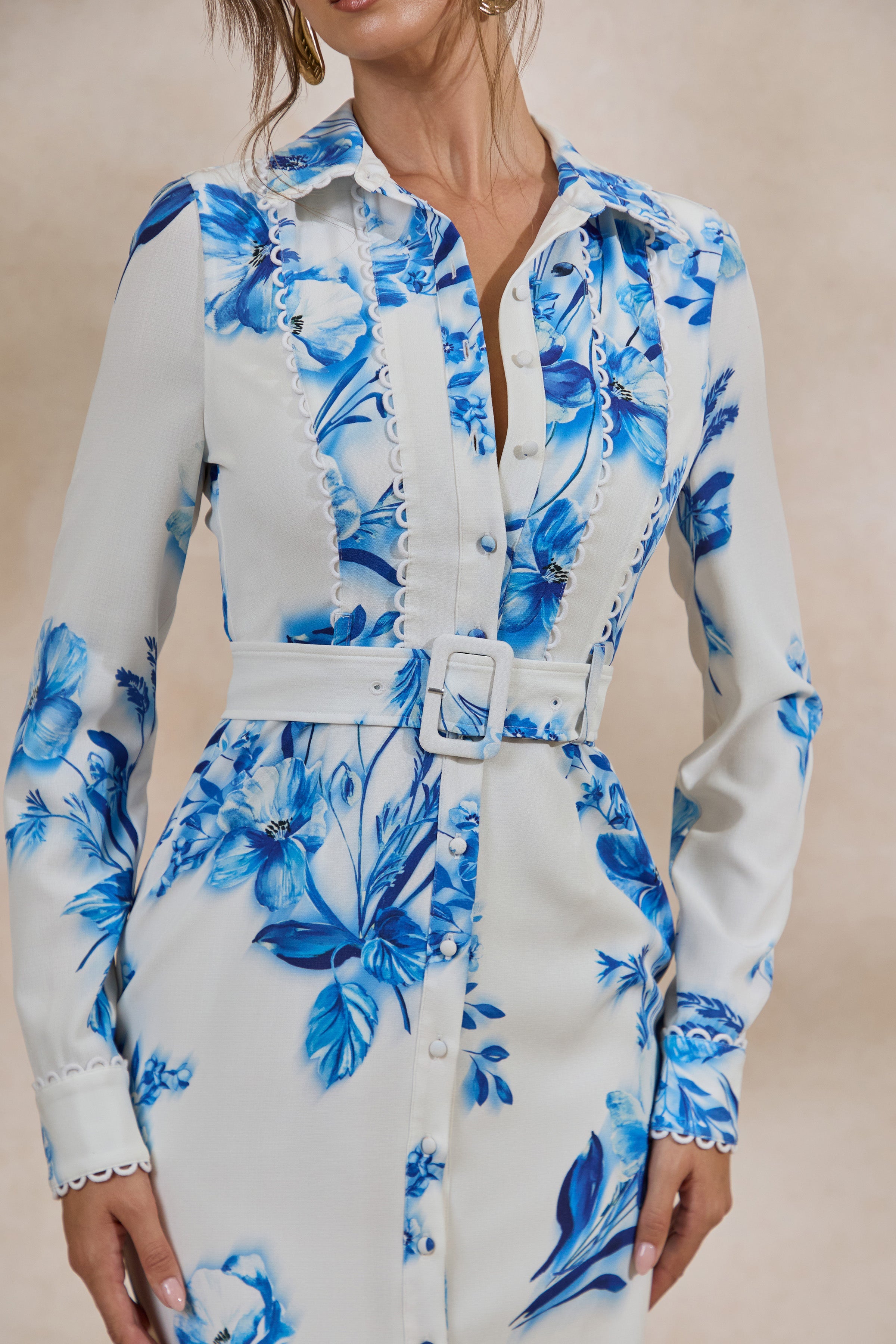 Loovay Azurelle Jurk, Midi met Blauwe Bloemenprint
