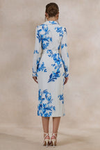 Loovay Azurelle Jurk, Midi met Blauwe Bloemenprint