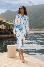 Loovay Azurelle Jurk, Midi met Blauwe Bloemenprint