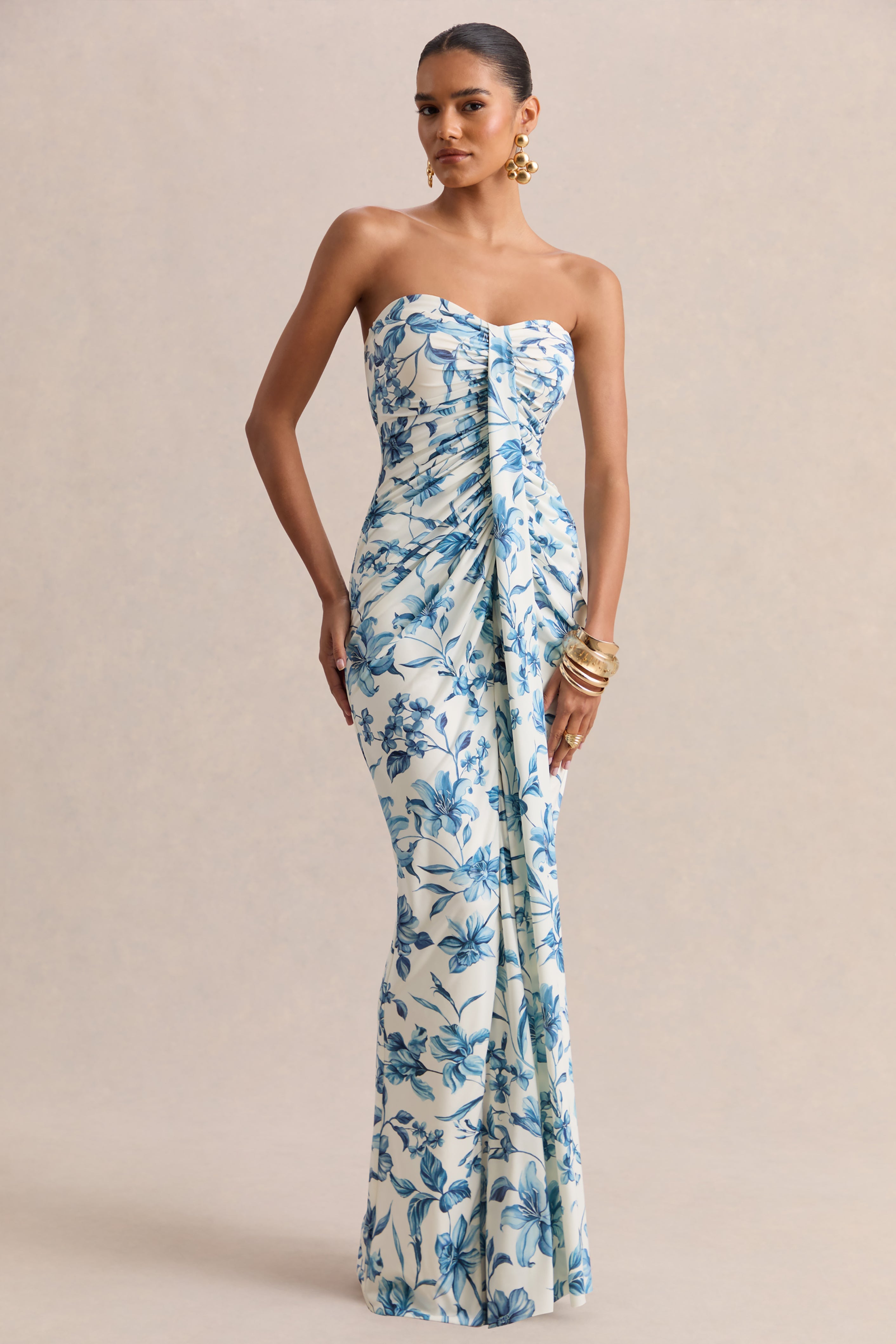 Loovay Solenne Jurk, Strapless Maxi met Gedrapeerde Details