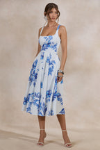 Loovay Azurine Midi Jurk, Witte Jurk met Blauwe Bloemenprint
