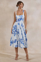 Loovay Azurine Midi Jurk, Witte Jurk met Blauwe Bloemenprint