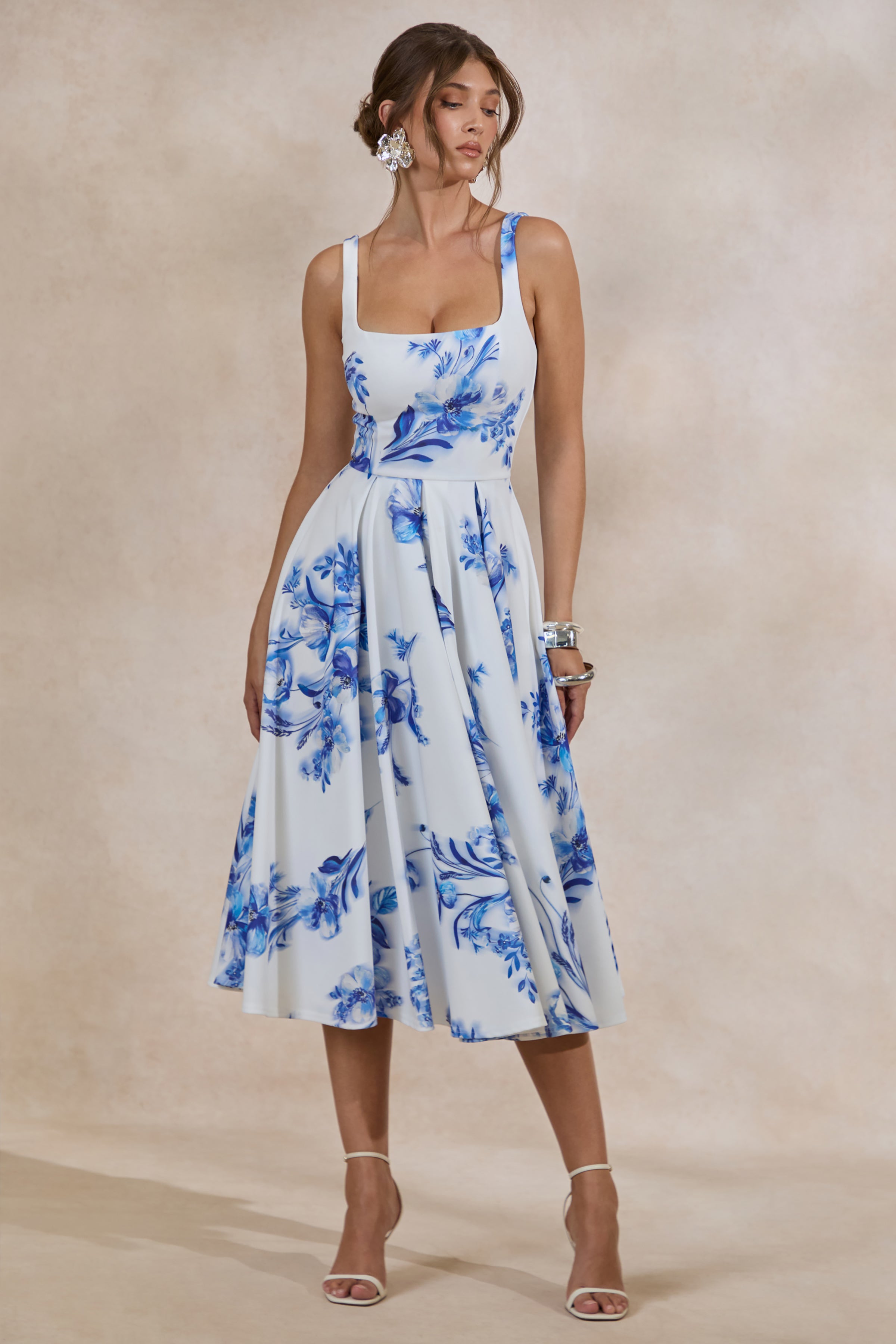 Loovay Azurine Midi Jurk, Witte Jurk met Blauwe Bloemenprint
