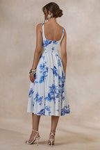 Loovay Azurine Midi Jurk, Witte Jurk met Blauwe Bloemenprint