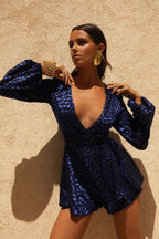Loovay Veloura Jumpsuit, Marineblauwe Jumpsuit met Strikdetail