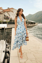 Loovay Azurielle Jurk, Midi met Blauwe Porseleinprint