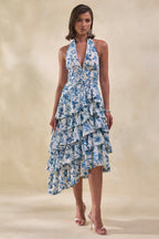 Loovay Azurielle Jurk, Midi met Blauwe Porseleinprint
