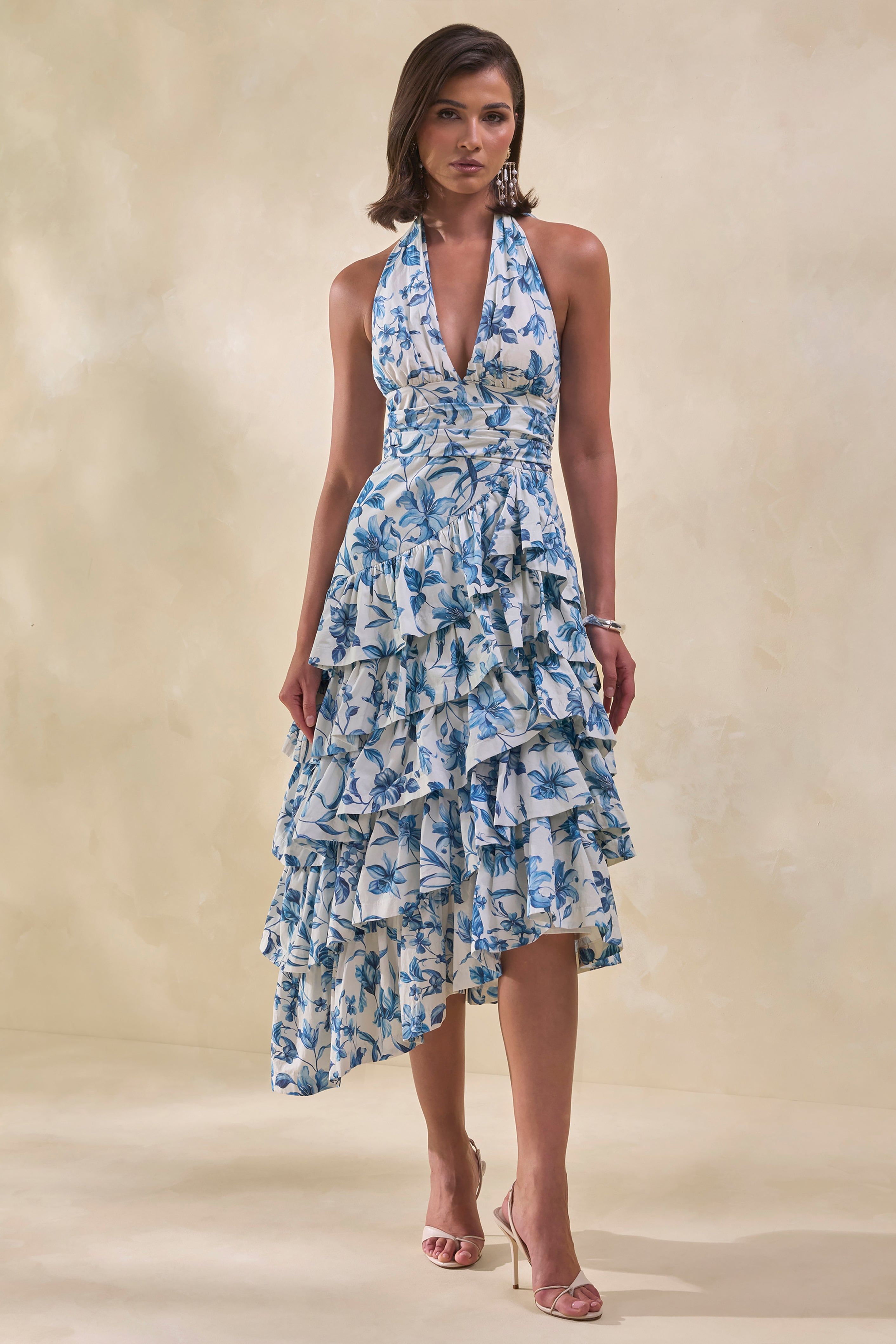Loovay Azurielle Jurk, Midi met Blauwe Porseleinprint