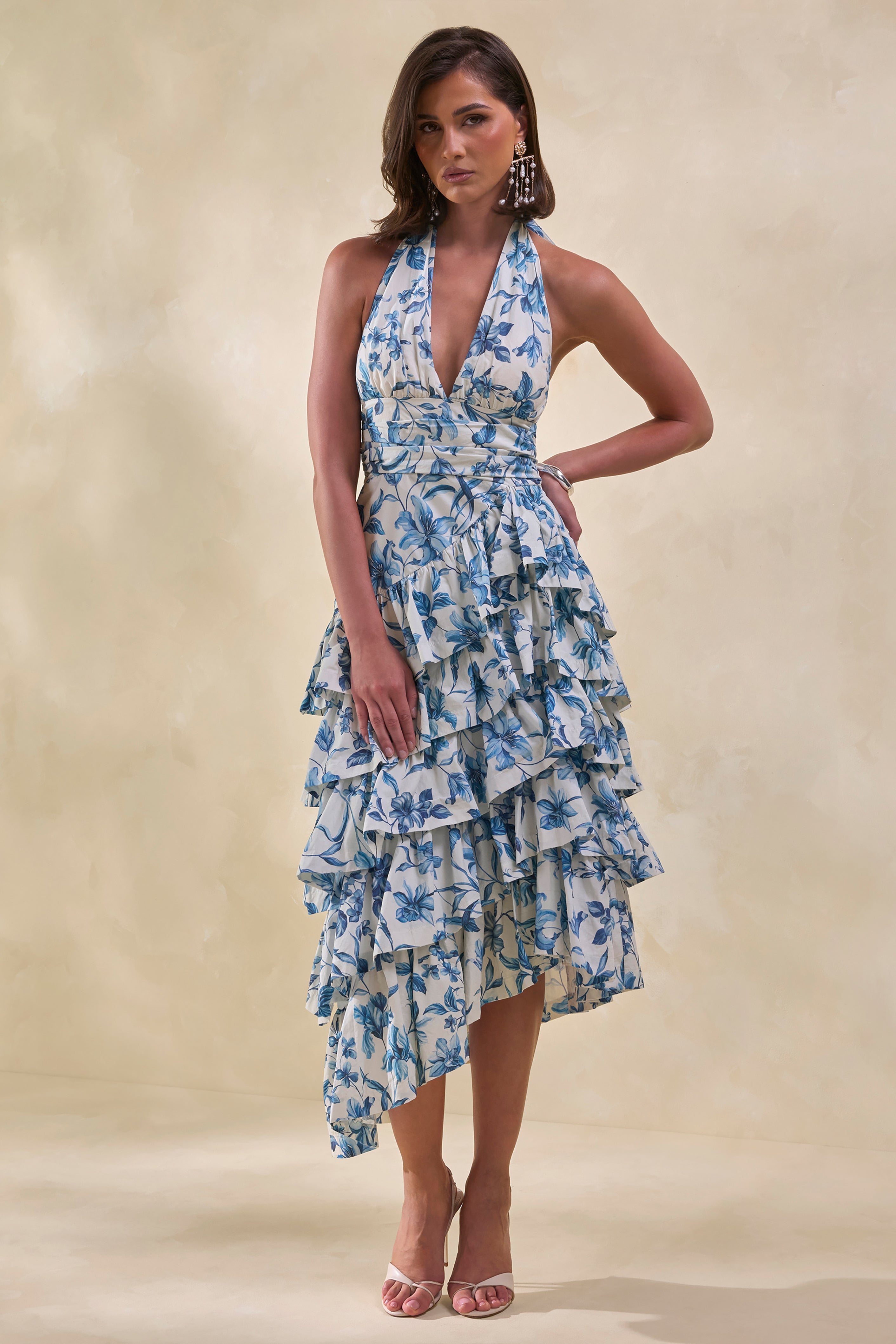 Loovay Azurielle Jurk, Midi met Blauwe Porseleinprint