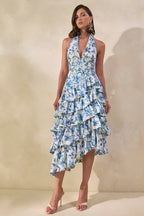 Loovay Azurielle Jurk, Midi met Blauwe Porseleinprint