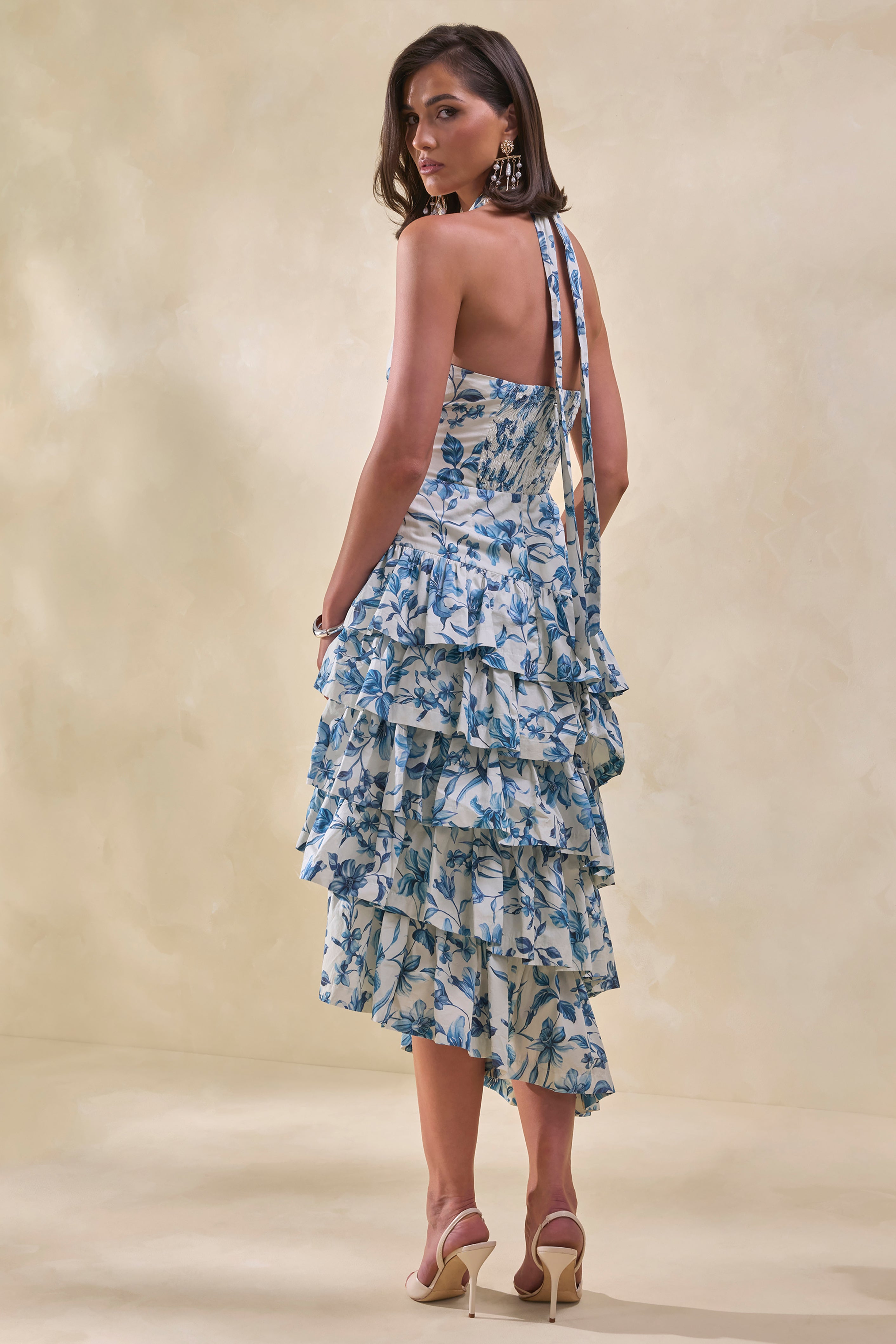 Loovay Azurielle Jurk, Midi met Blauwe Porseleinprint
