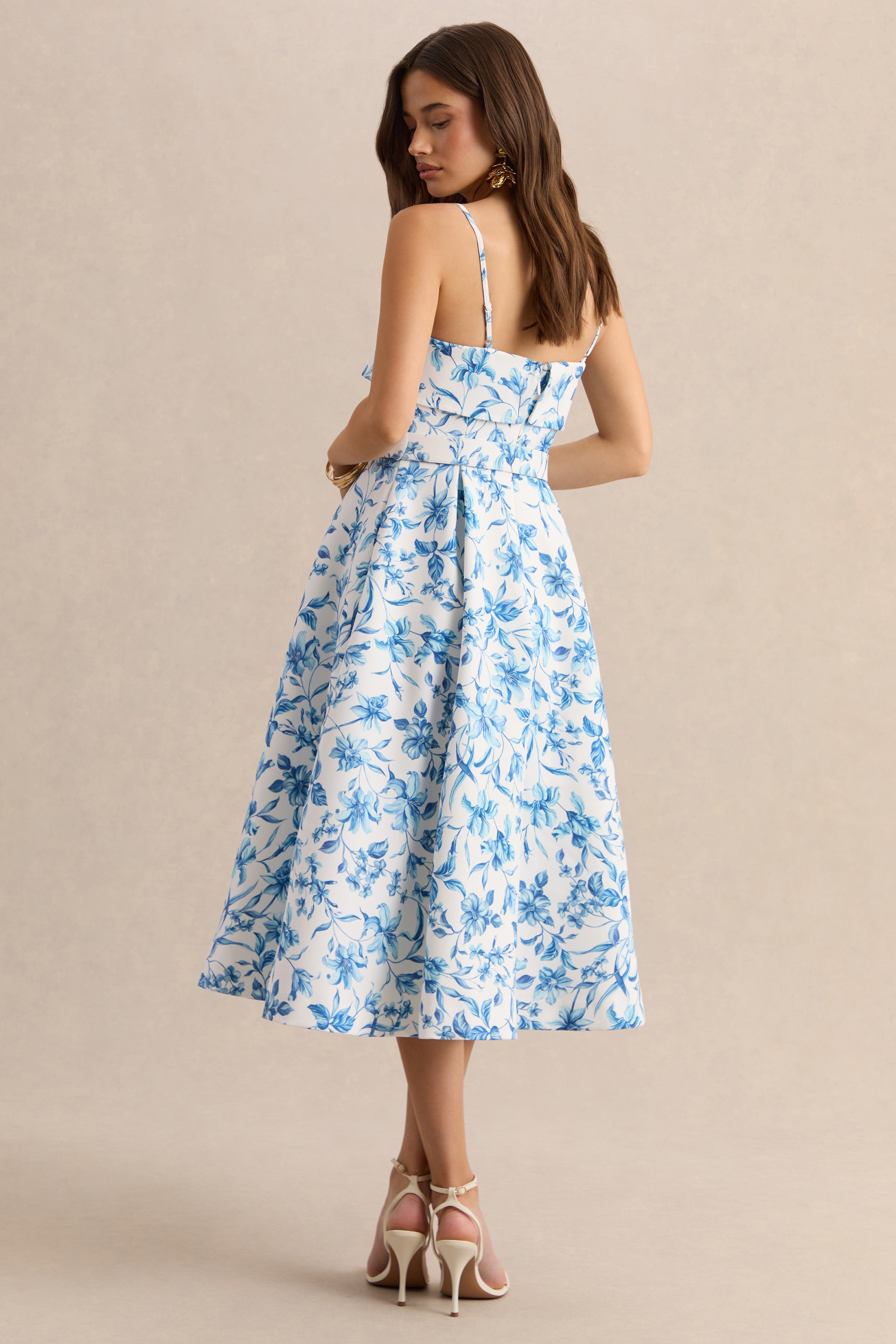 Loovay Devina Jurk, Midi Jurk met Blauwe Porseleinprint