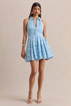 Loovay Avelisse Jurk, Halter Mini van Kant in Poederblauw