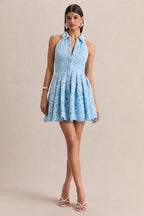 Loovay Avelisse Jurk, Halter Mini van Kant in Poederblauw