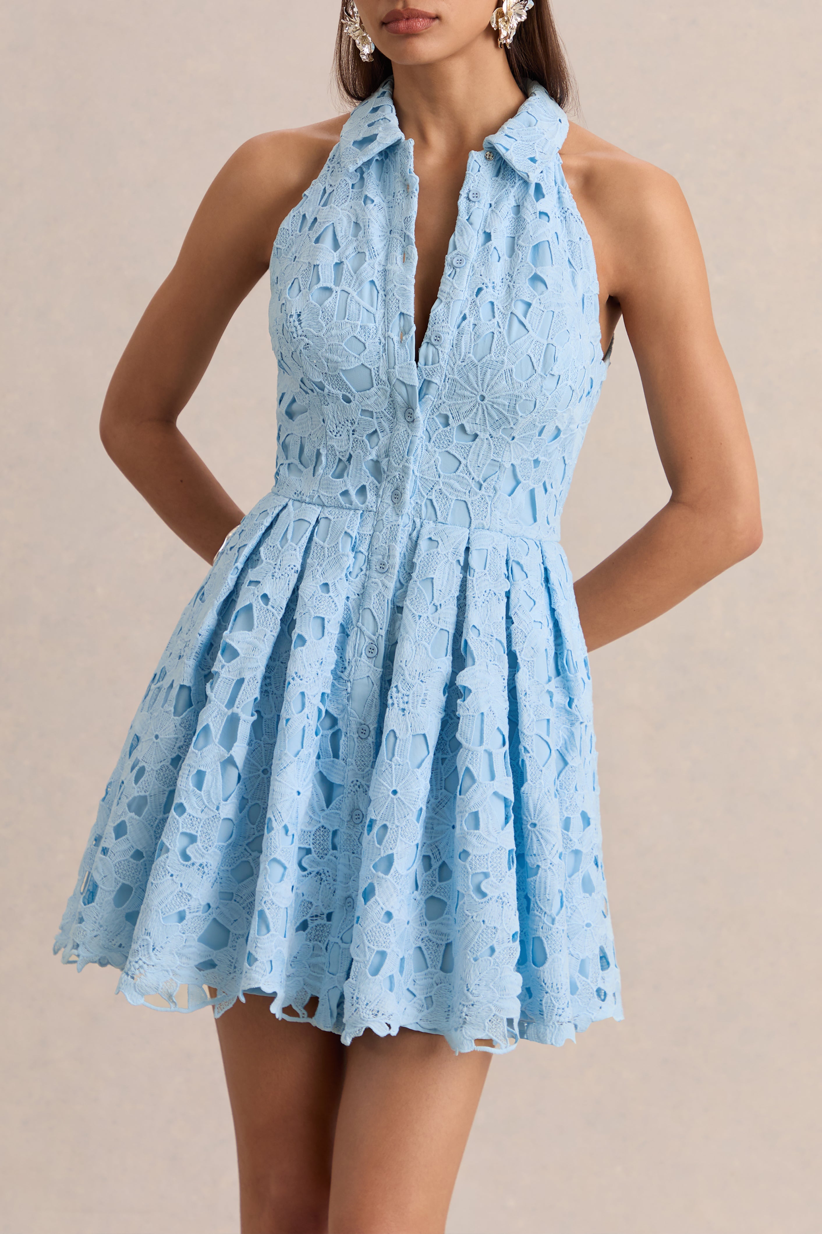 Loovay Avelisse Jurk, Halter Mini van Kant in Poederblauw
