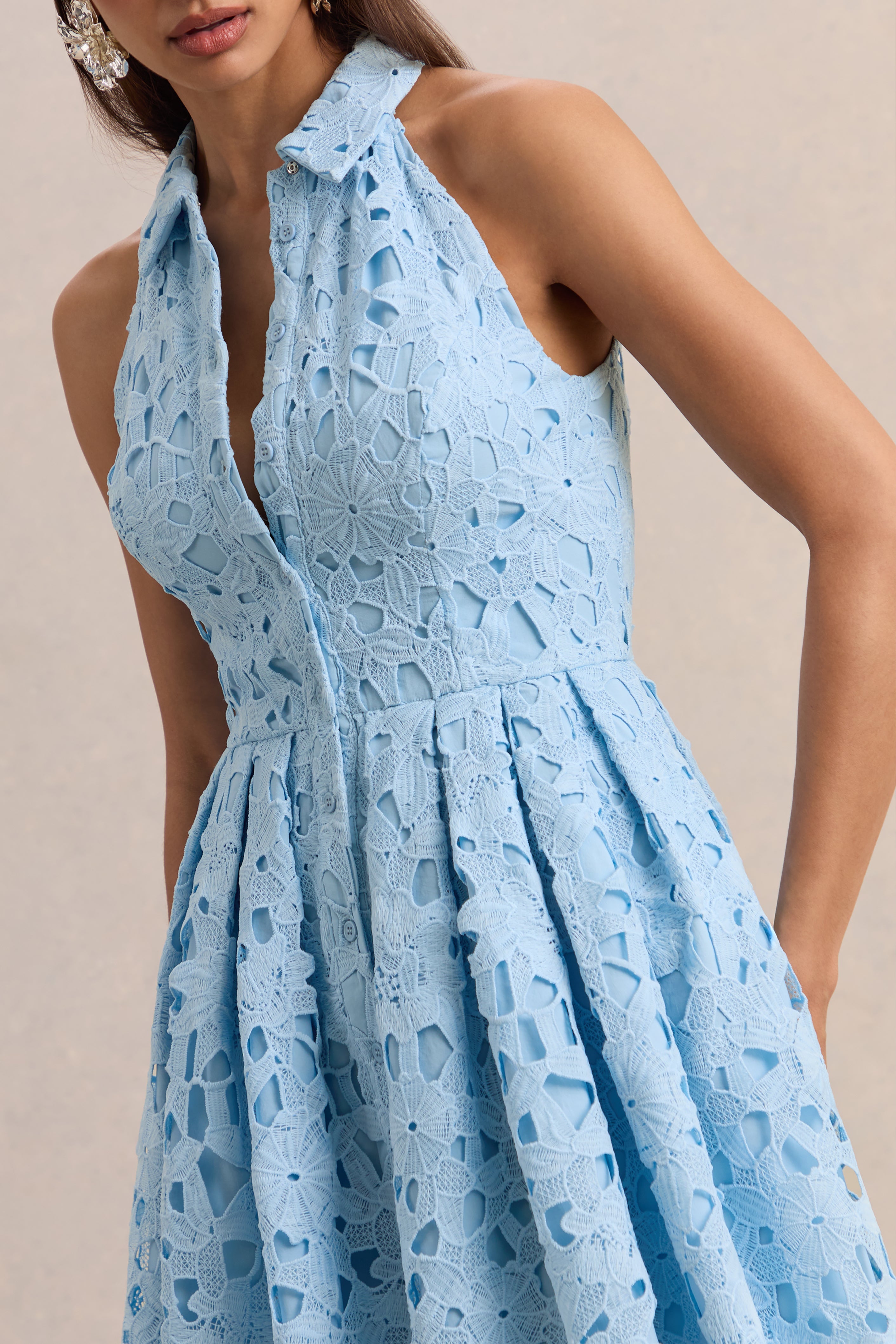 Loovay Avelisse Jurk, Halter Mini van Kant in Poederblauw