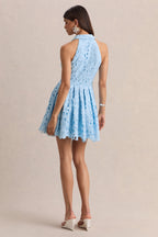 Loovay Avelisse Jurk, Halter Mini van Kant in Poederblauw
