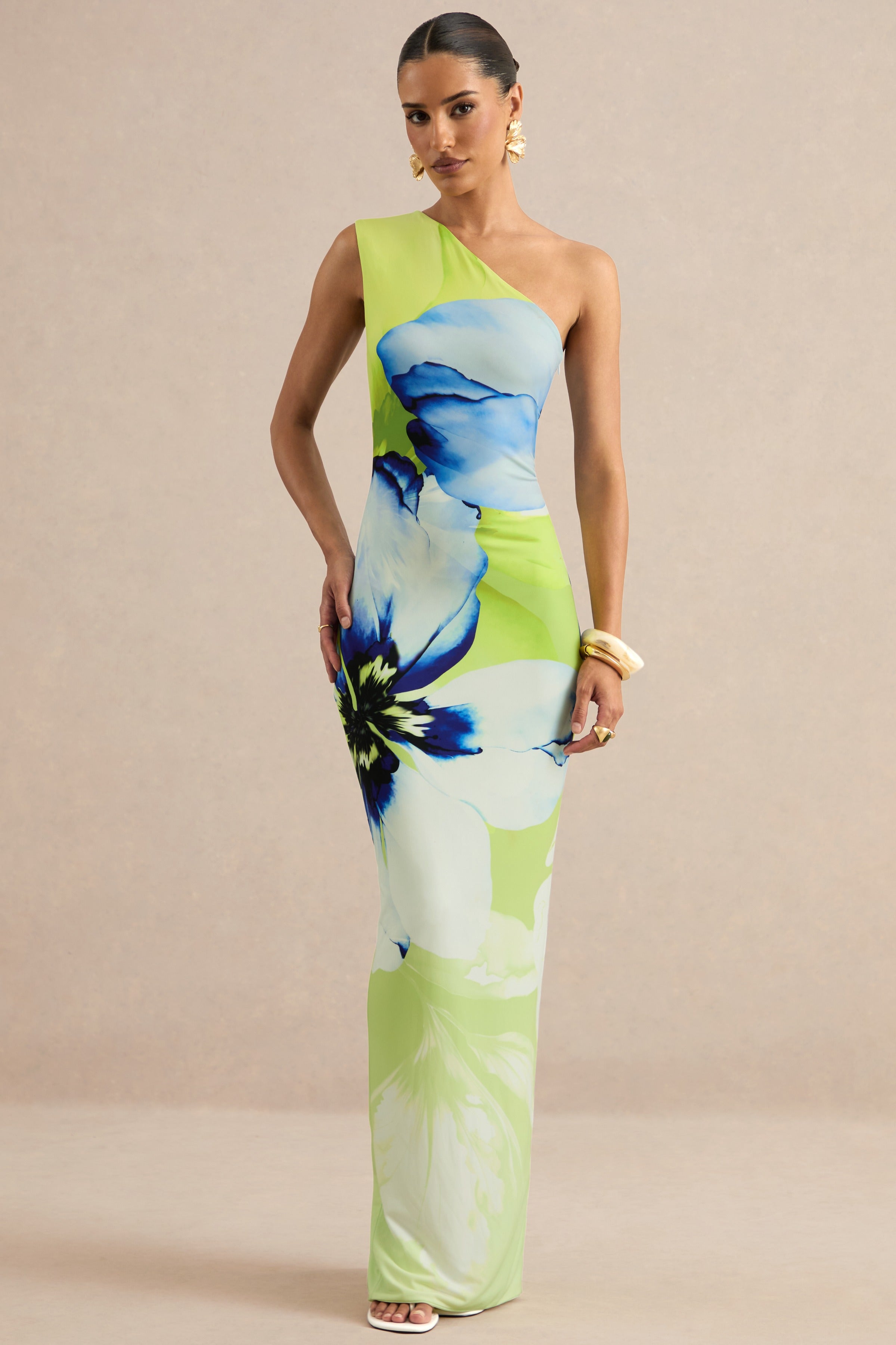 Loovay Ocean Bloom Maxi Jurk, One Shoulder Bloemenprint