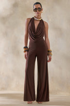 Loovay Virelle Jumpsuit, Bruine Halter Jumpsuit met Gedrapeerde Halslijn