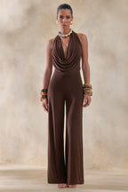 Loovay Virelle Jumpsuit, Bruine Halter Jumpsuit met Gedrapeerde Halslijn