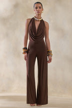 Loovay Virelle Jumpsuit, Bruine Halter Jumpsuit met Gedrapeerde Halslijn