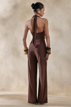 Loovay Virelle Jumpsuit, Bruine Halter Jumpsuit met Gedrapeerde Halslijn