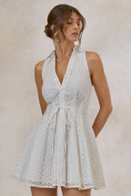 Loovay Zyraline Mini Jurk, Wit Broderie Anglaise met Strikdetail