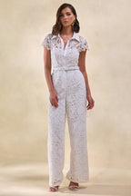 Loovay Élaris Jumpsuit, Witte Kanten Jumpsuit met Kraag en Ceintuur