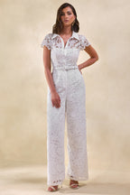 Loovay Élaris Jumpsuit, Witte Kanten Jumpsuit met Kraag en Ceintuur