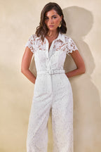Loovay Élaris Jumpsuit, Witte Kanten Jumpsuit met Kraag en Ceintuur
