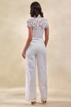 Loovay Élaris Jumpsuit, Witte Kanten Jumpsuit met Kraag en Ceintuur