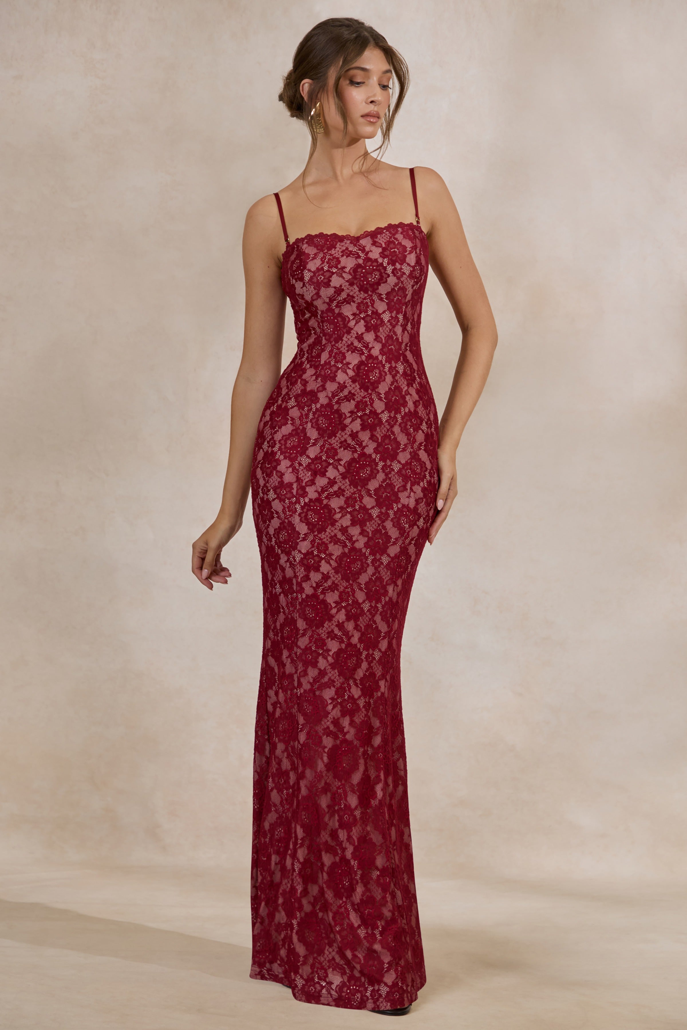 Loovay Mirellia Maxi Jurk, Donkerrood Kant met Sweetheart Hals