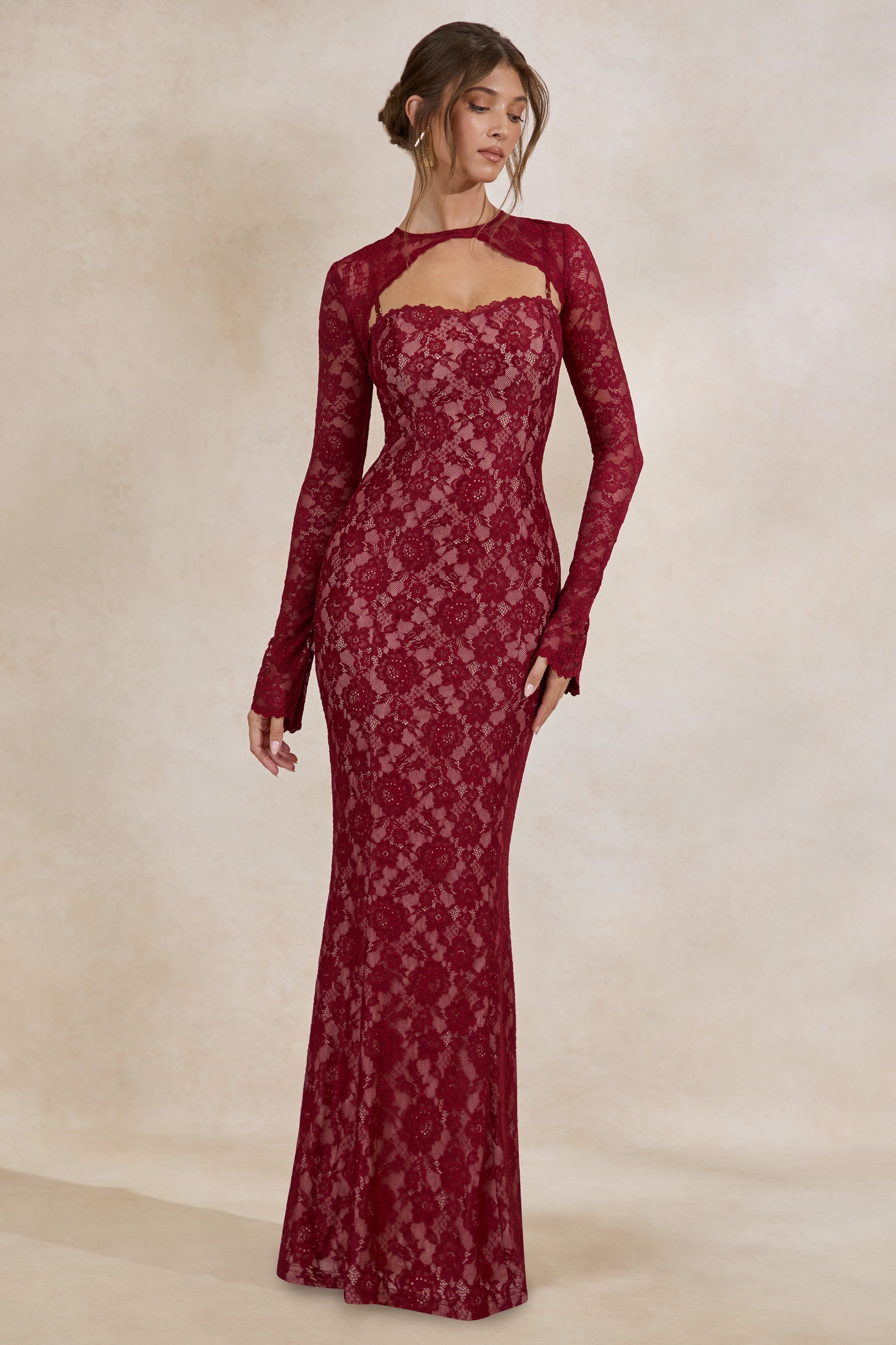 Loovay Mirellia Maxi Jurk, Donkerrood Kant met Sweetheart Hals