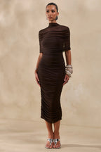 Loovay Élanor Jurk, Midi Jurk met Hoge Hals en Mesh Cape