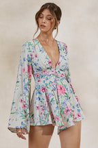 Loovay Fleuréa Playsuit, Crèmekleurige Bloemen Playsuit met Klokmouwen