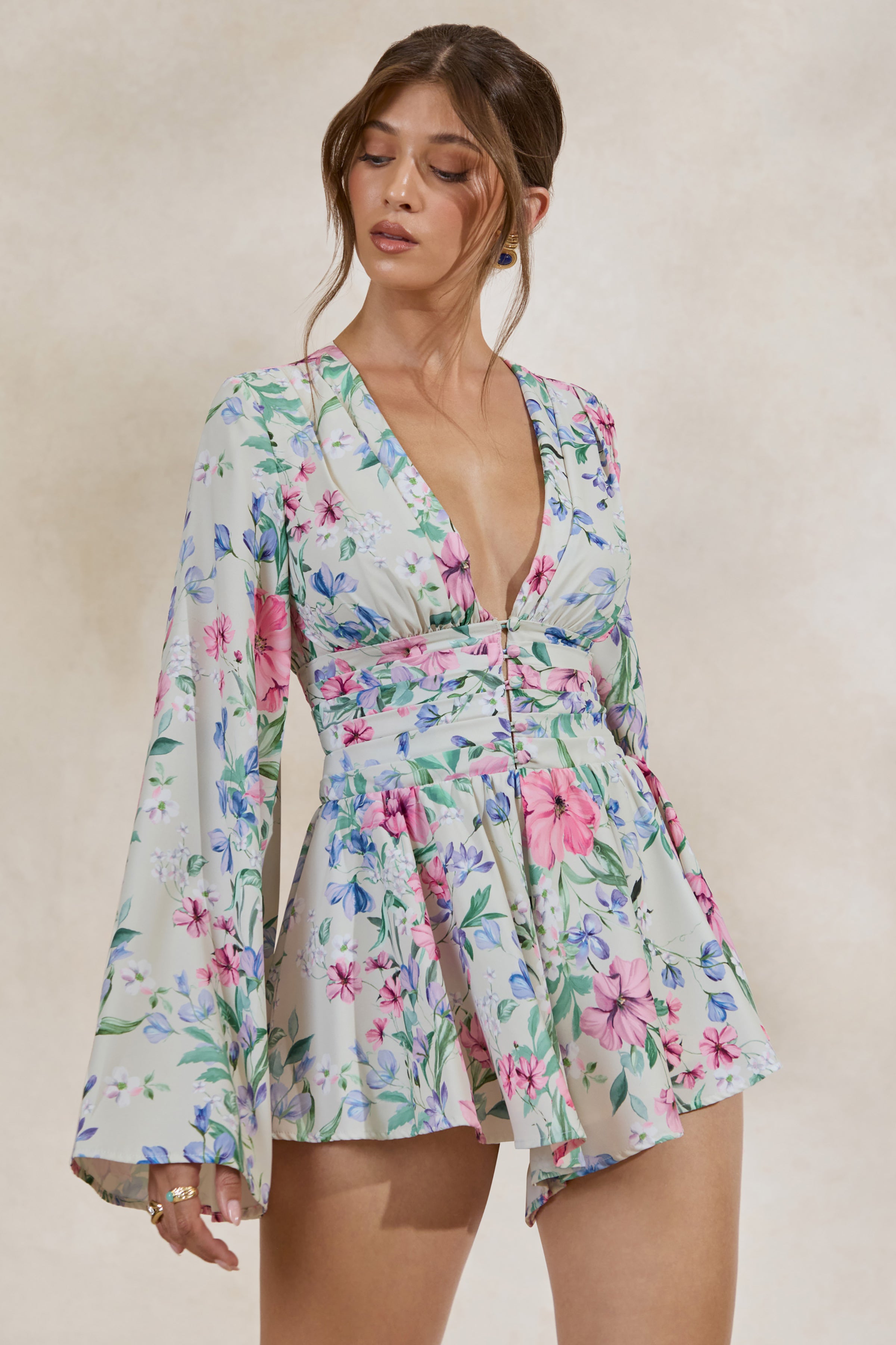Loovay Fleuréa Playsuit, Crèmekleurige Bloemen Playsuit met Klokmouwen