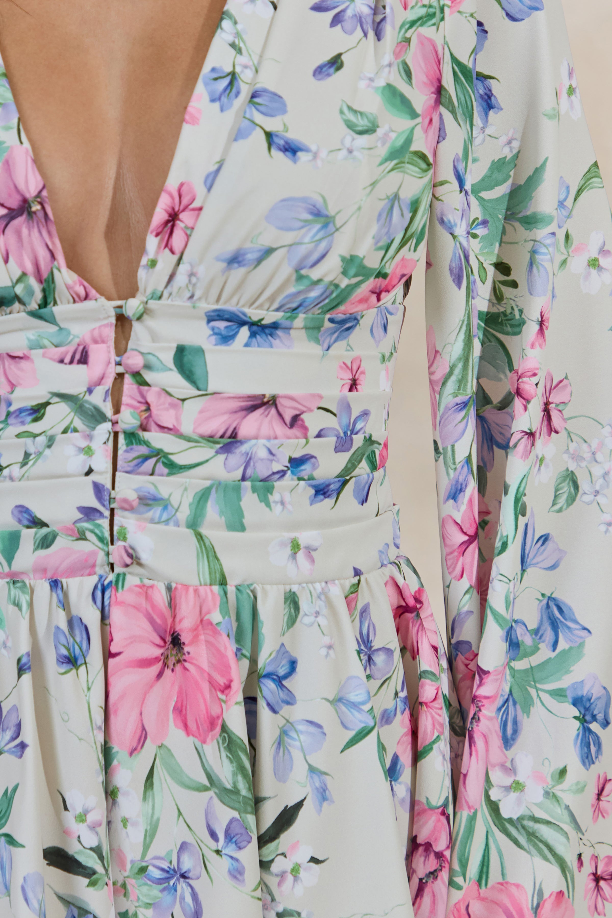 Loovay Fleuréa Playsuit, Crèmekleurige Bloemen Playsuit met Klokmouwen