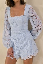 Loovay Celestia Playsuit, Lichtblauwe Kanten Playsuit met Ballonmouwen