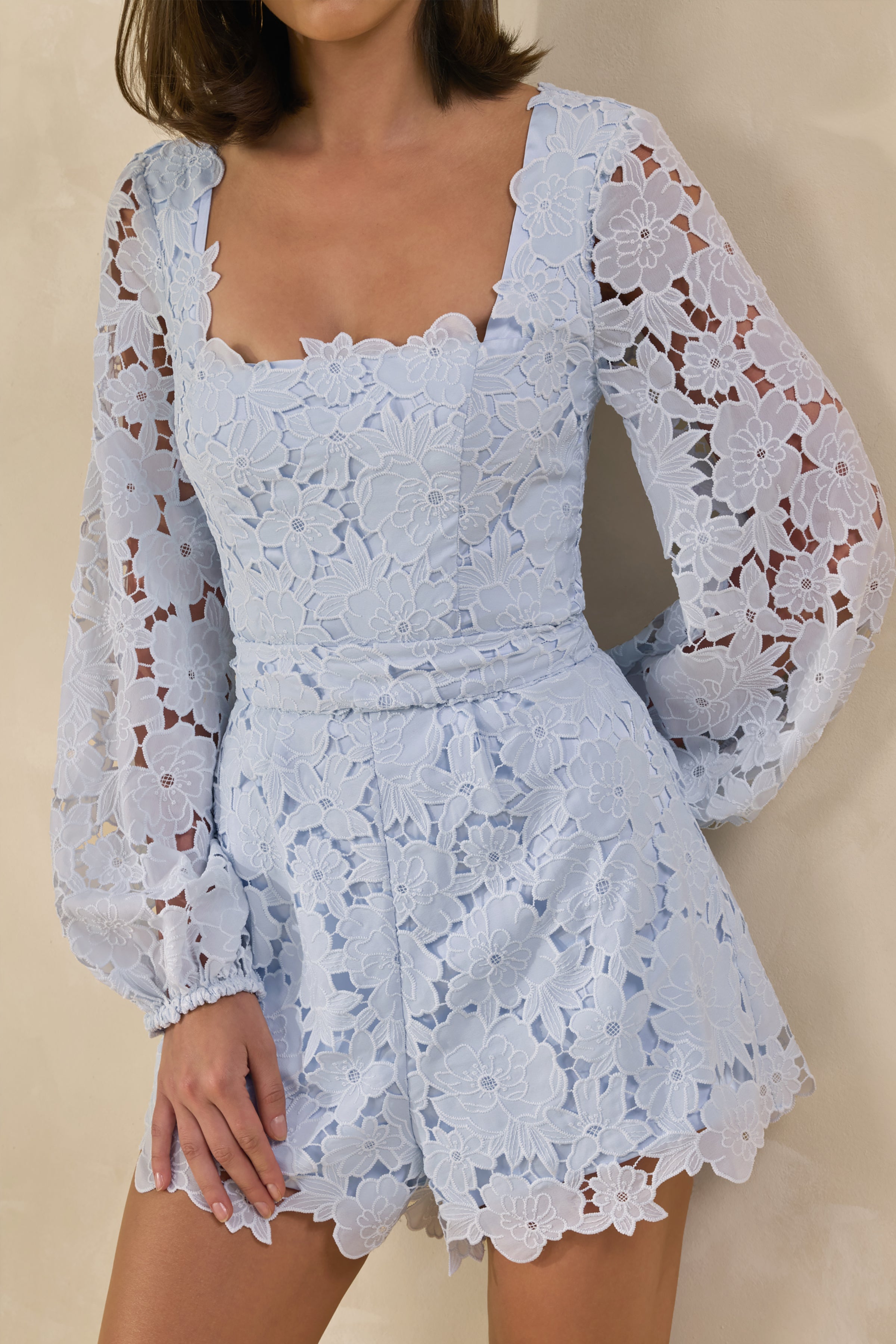 Loovay Celestia Playsuit, Lichtblauwe Kanten Playsuit met Ballonmouwen