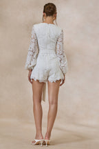 Loovay Élanora Playsuit, Witte Kanten Playsuit met Ballonmouwen