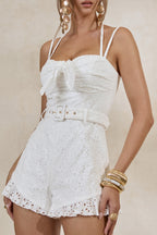 Loovay Zomerbries Playsuit, Witte Broderie Jumpsuit met Ceintuur