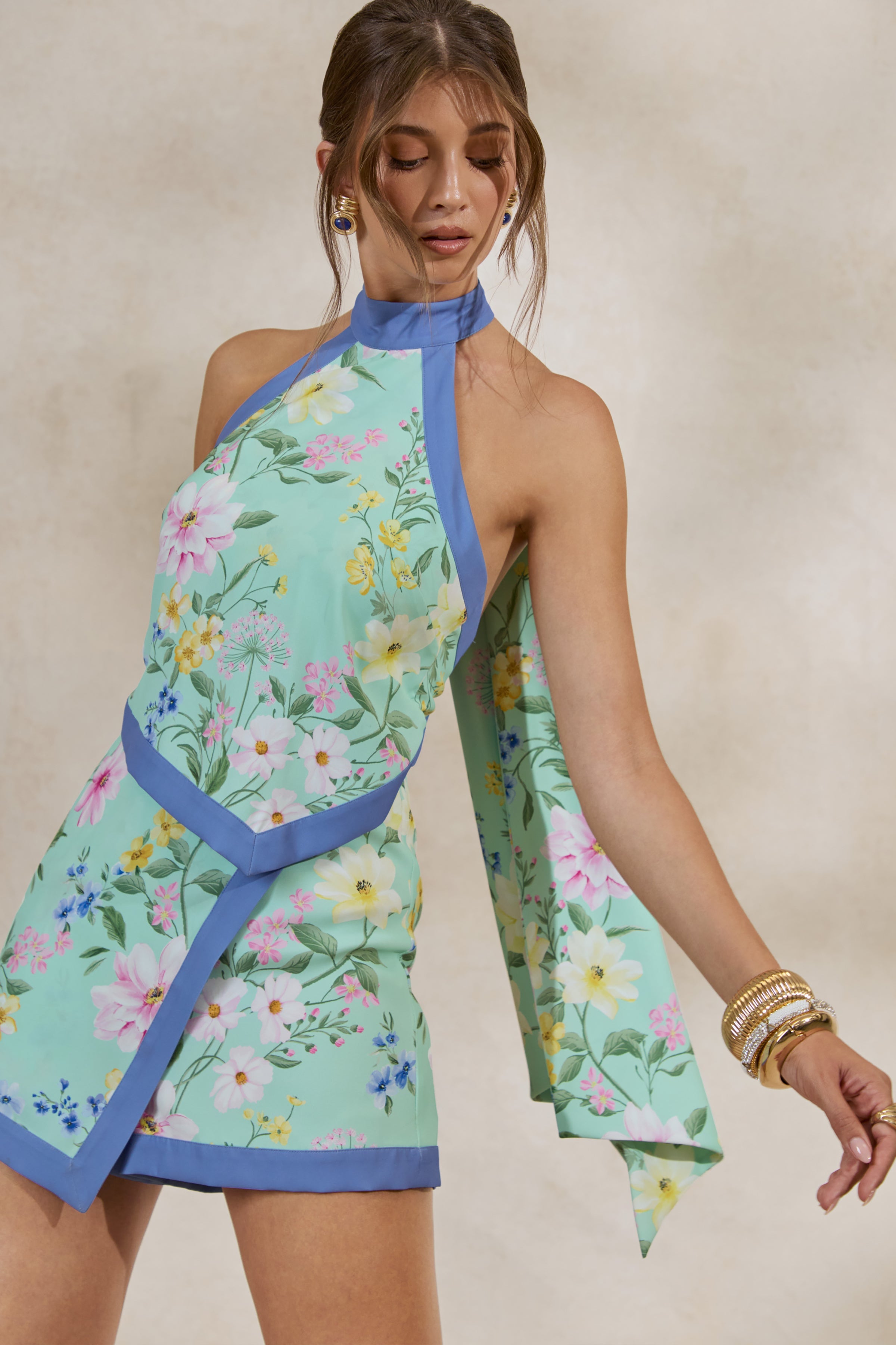 Loovay Floréa Playsuit, Mintgroene Playsuit met Bloemenprint en Open Rug