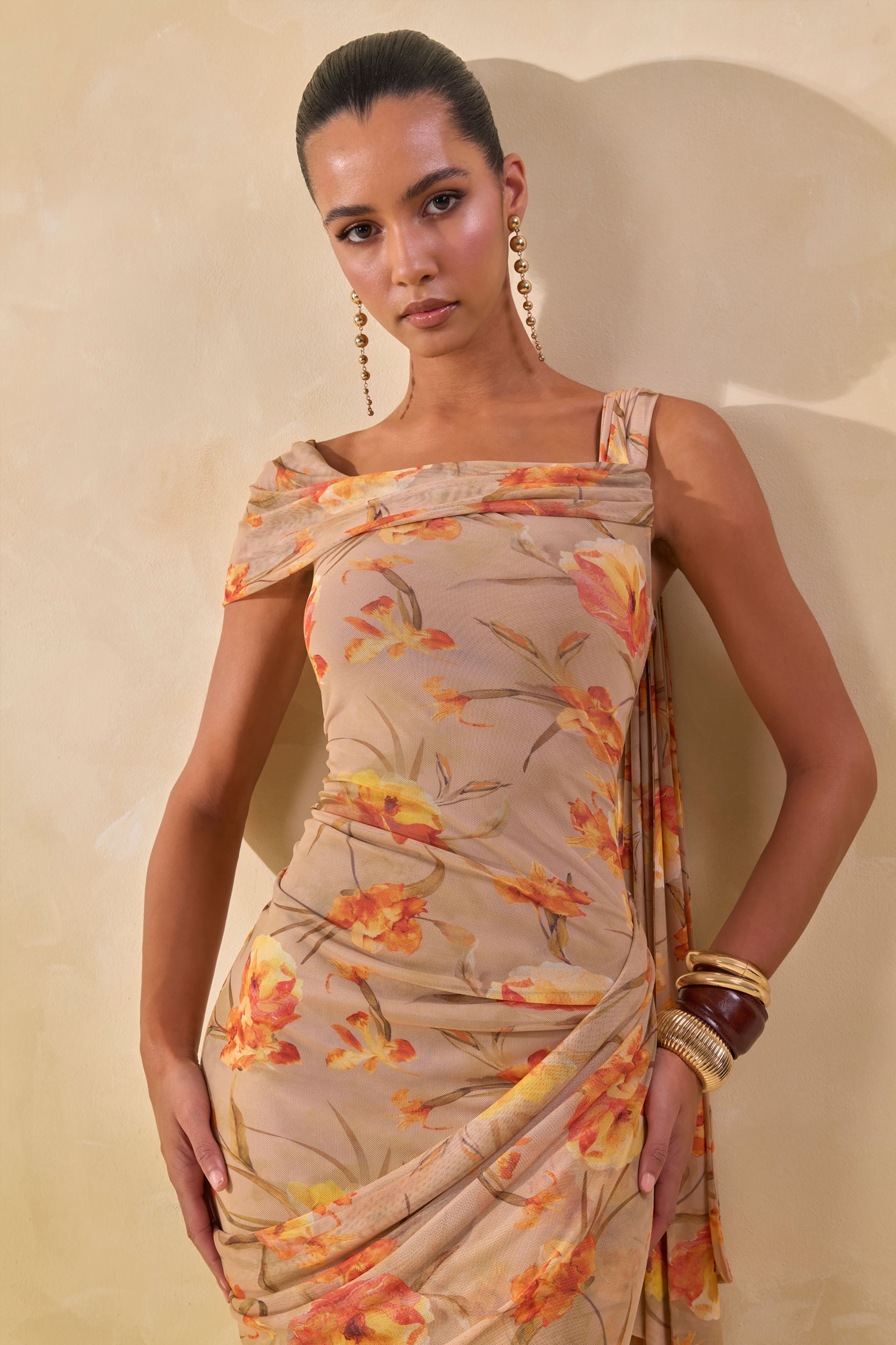 Loovay Soléa Jurk, Maxi Jurk met Asymmetrische Hals en Bloemenprint