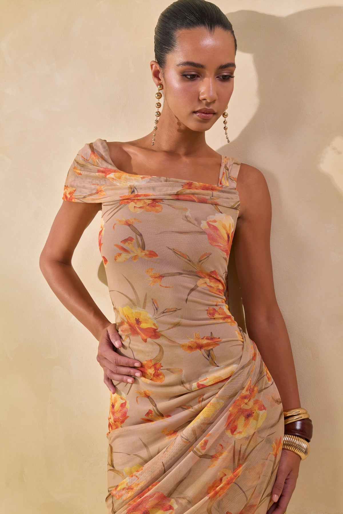 Loovay Soléa Jurk, Maxi Jurk met Asymmetrische Hals en Bloemenprint