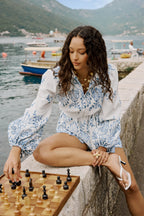 Loovay Delftblauw Droom Jumpsuit, Broderie Playsuit met Ballonmouwen