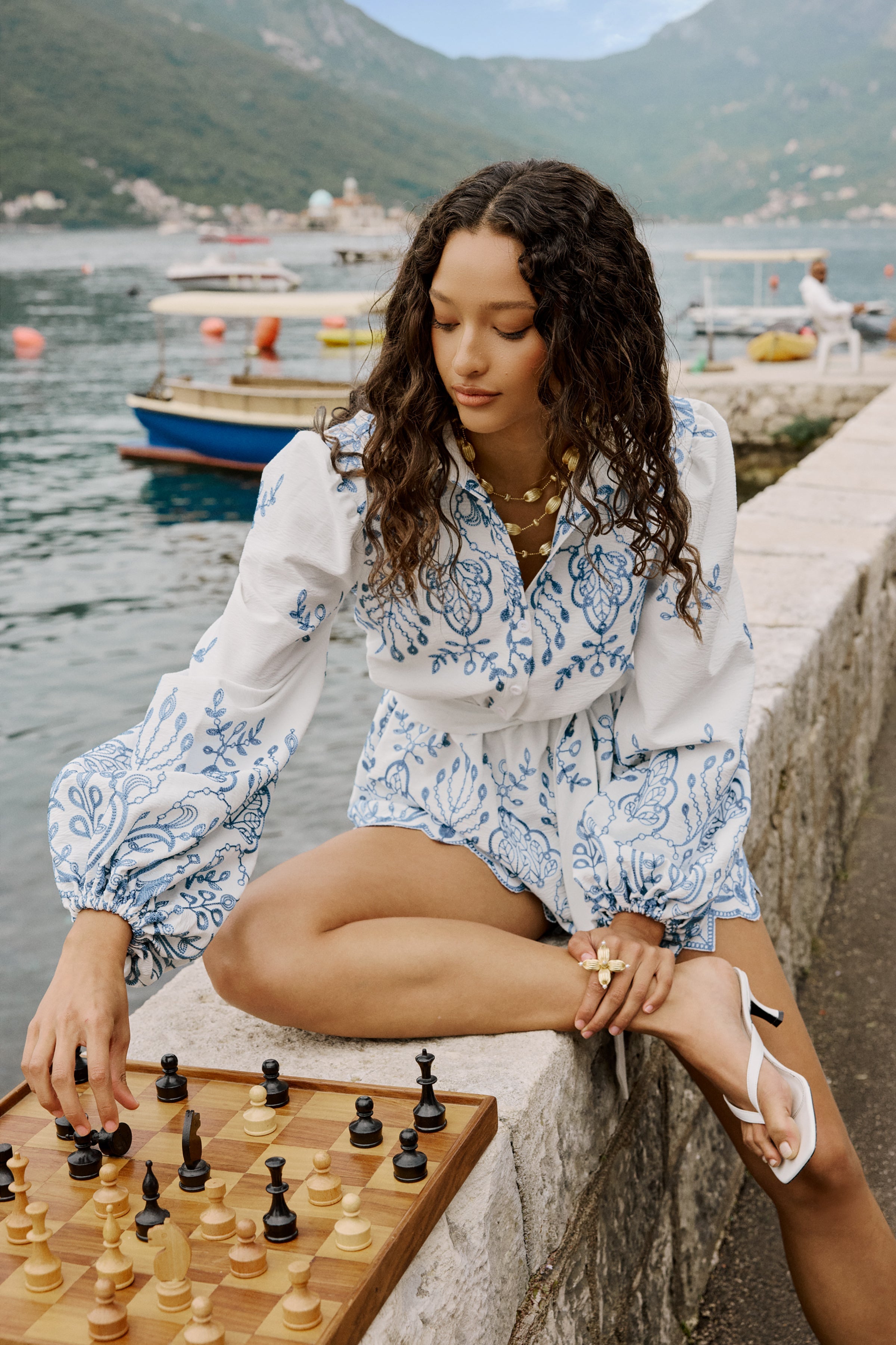 Loovay Delftblauw Droom Jumpsuit, Broderie Playsuit met Ballonmouwen