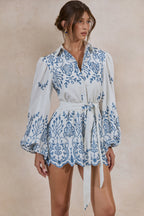 Loovay Delftblauw Droom Jumpsuit, Broderie Playsuit met Ballonmouwen